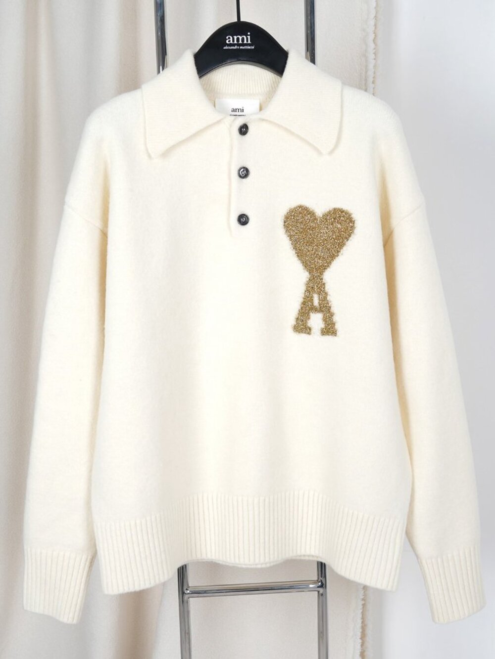 🤍 Ami Paris Gold Heart A Logo Polo Knit Sweater